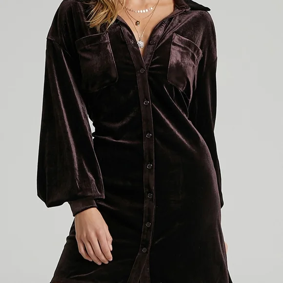 Velvet Button-Down Dress in Brown - Picture 4 of 7